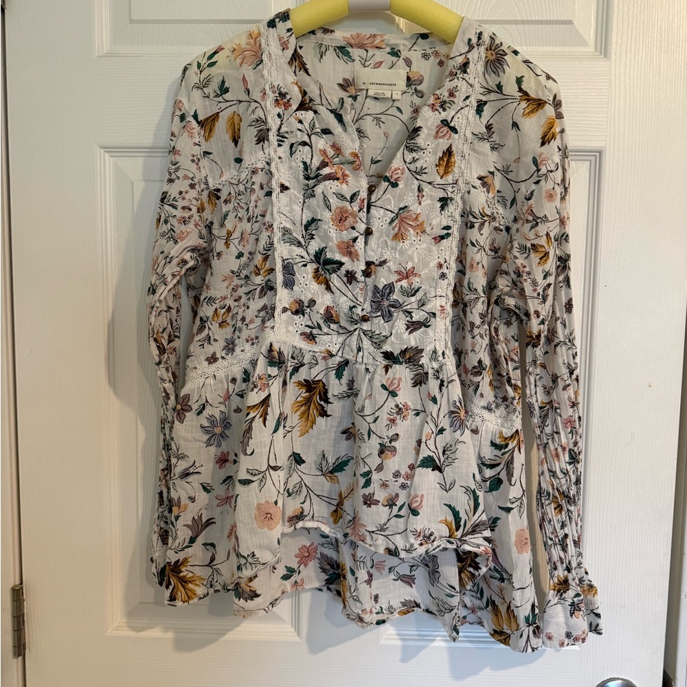 Anthropologie Floral Blouse in Cream and Multicolor